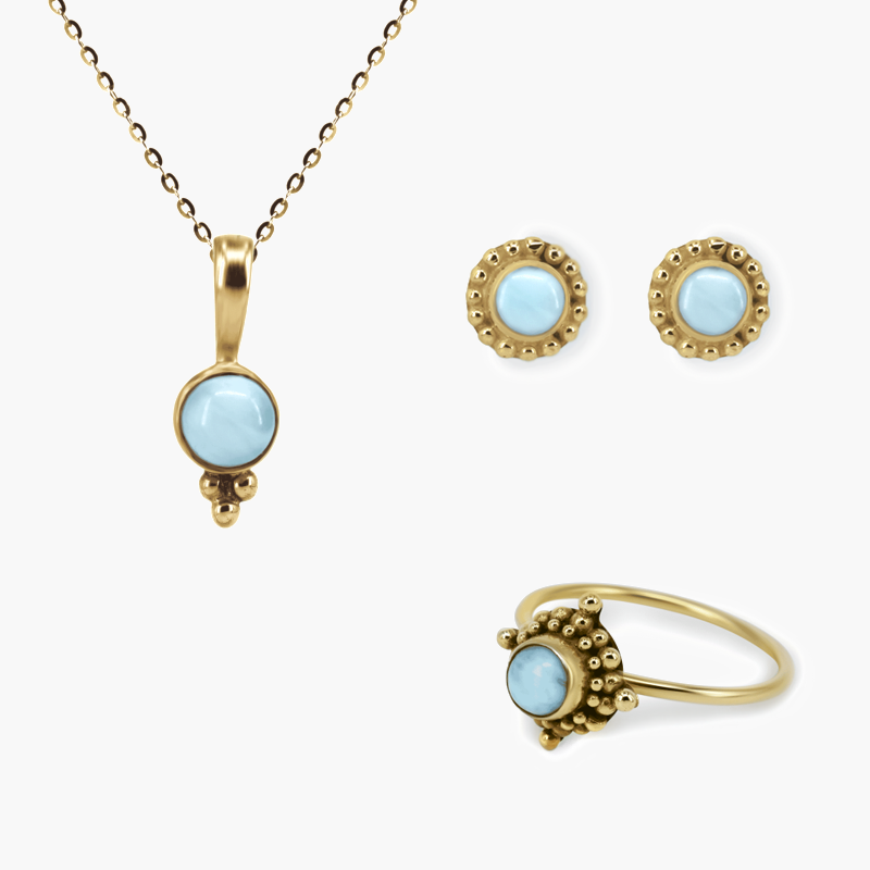 Sinduru - 3er-Larimar-Set aus vergoldetem Silber